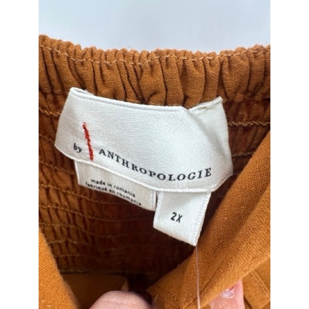 Anthropologie NEW Tan Linen Tie Front Smocked Mini Dress 2X Boho Coastal Curvy - Picture 6 of 9